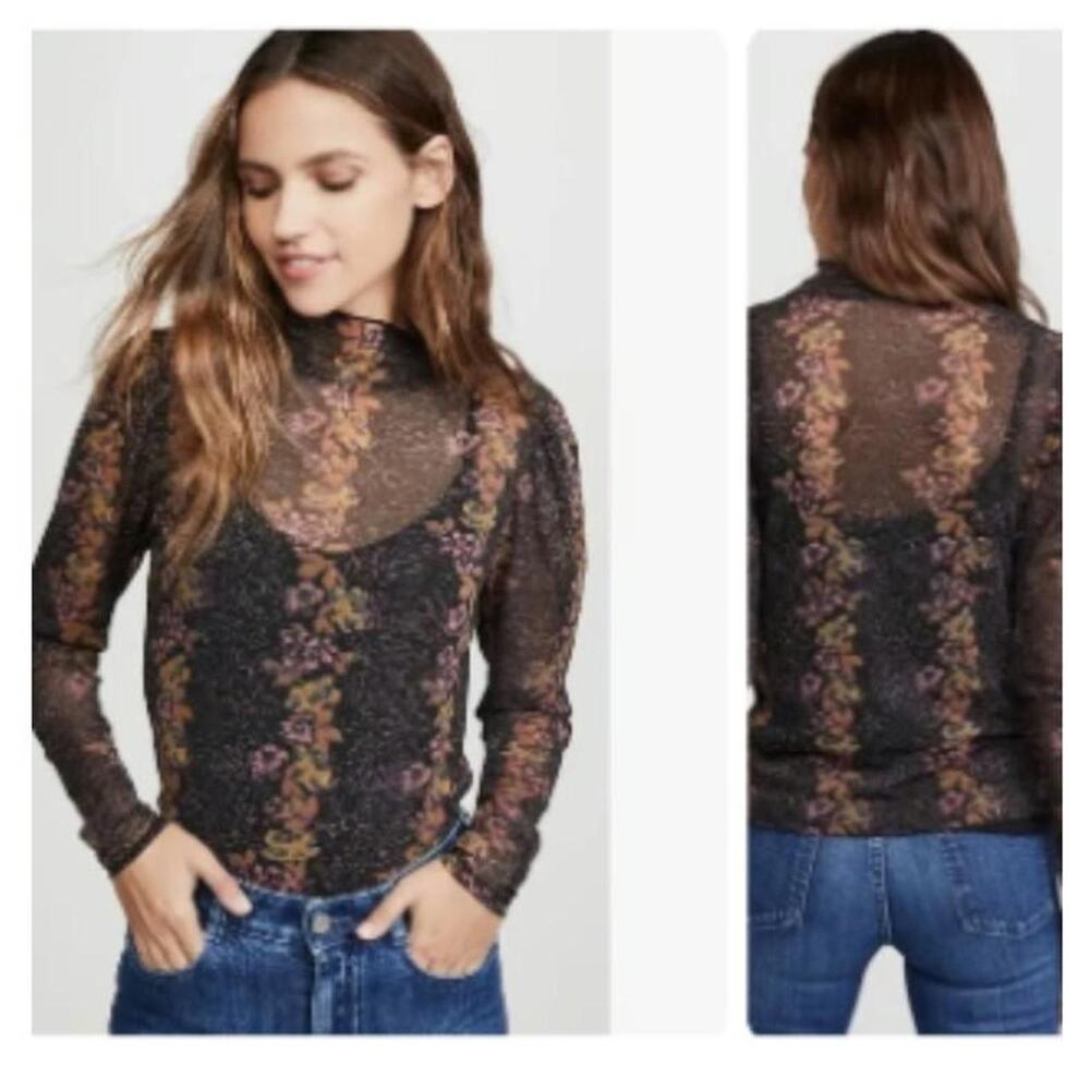 free people 2000s Black floral mesh long sleeve top pink gold flowers medium